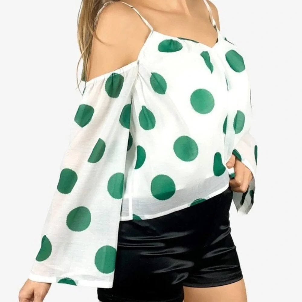 Line & Dot Green Polka‎ Dot Top Size XS White Green Cold Shoulder Flowy Summer